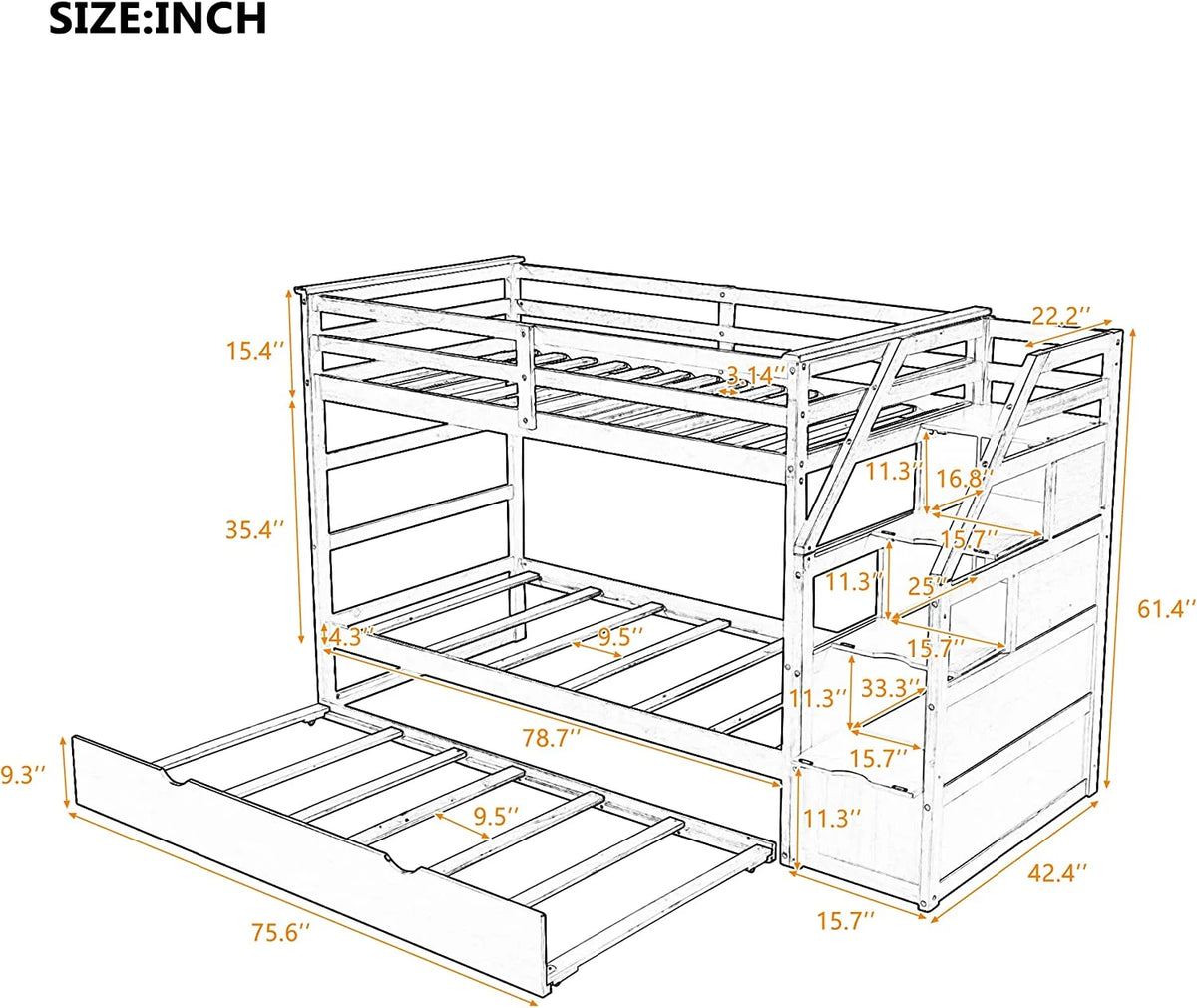 Gray Wooden Over Bunk Bed with Trundle and 3 Storage Stairs H96259