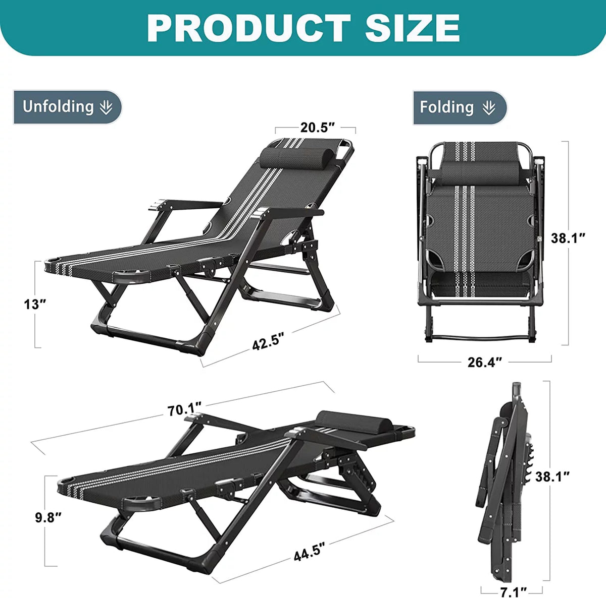 Folding Adjustable 5-Position Outdoor Chaise Lounge Chair with Headrest V2818