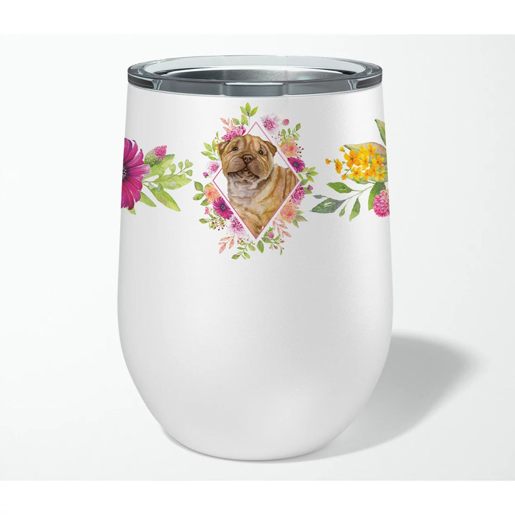 Shar Pei Pink Flowers Stainless Steel 12 oz Stemless Wine Glass P8596