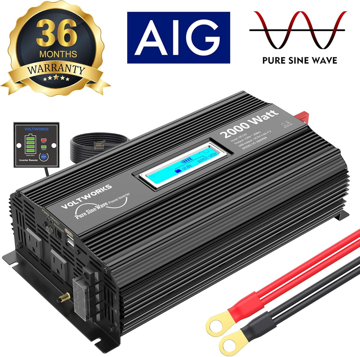 Pure Sine Wave 2000W Car Power Inverter 12V to 120V AC with 2 AC Outlets USB Ports Remote Control LCD Display J447289