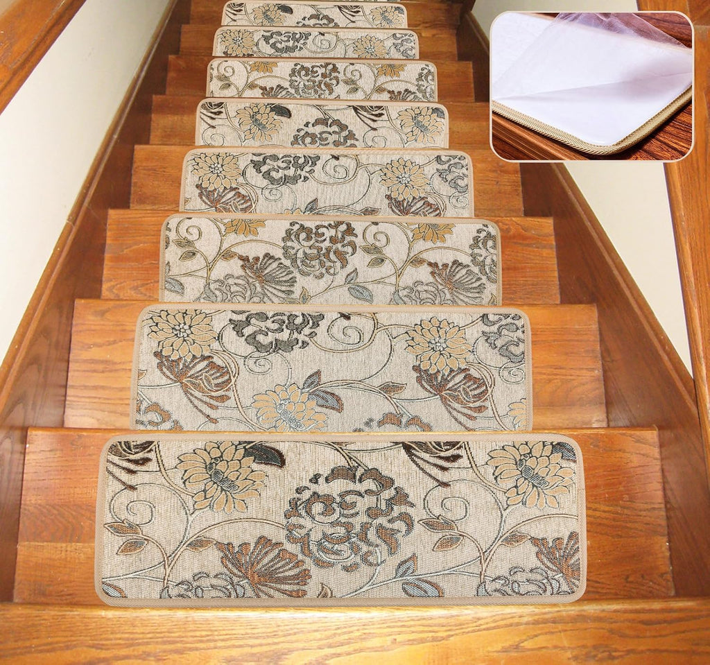 Washable Non-Slip Stair Treads Carpet with Rubber Backing 25.5x9.5 Inch 13 Piece Brown I8655