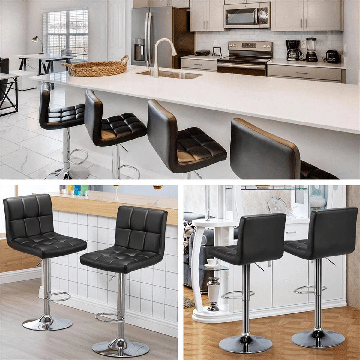 Adjustable Faux Leather Swivel Bar Chairs, Set of 2, Black W84611