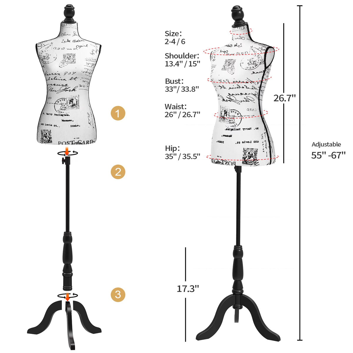 Pinnable Dress Form Mannequin Body Torso with Tripod Base Stand Q23004