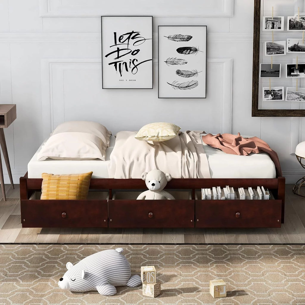 Platform Storage Bed with 3 Drawers Solid Wood Cherry R411646
