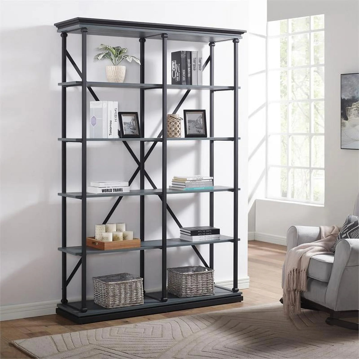 Antique Blue 58-Inch Industrial Metal Bookcase C138431