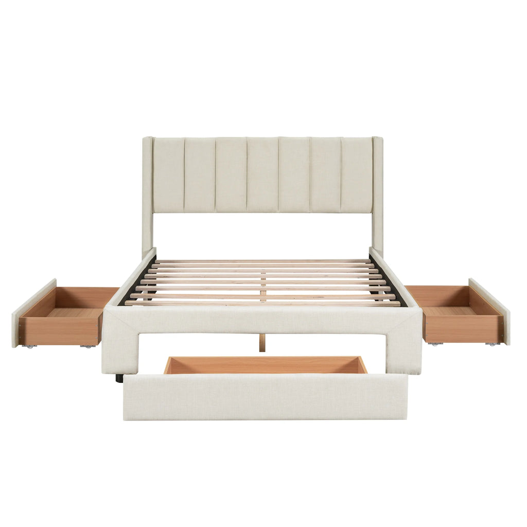 Beige Queen Size Upholstered Platform Bed with 3 Storage Drawers B22169
