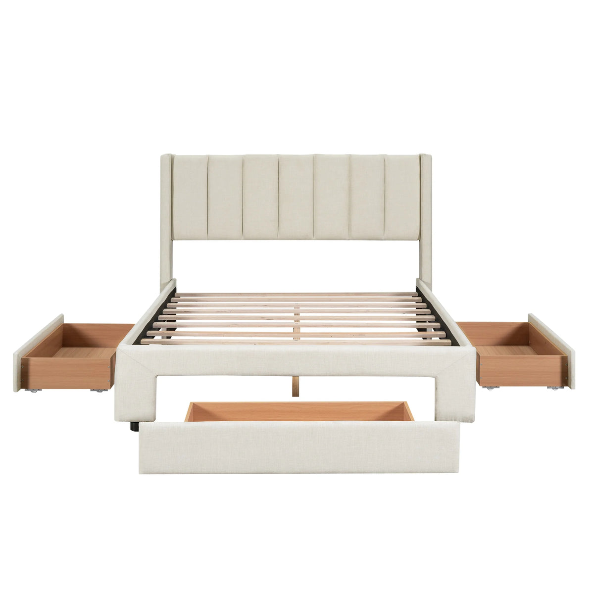 Beige Queen Size Upholstered Platform Bed with 3 Storage Drawers B22169