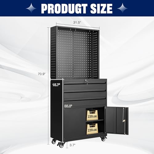 Metal Garage Storage Cabinet with Wheels, 3-Drawer Rolling Tool Cabinet E825