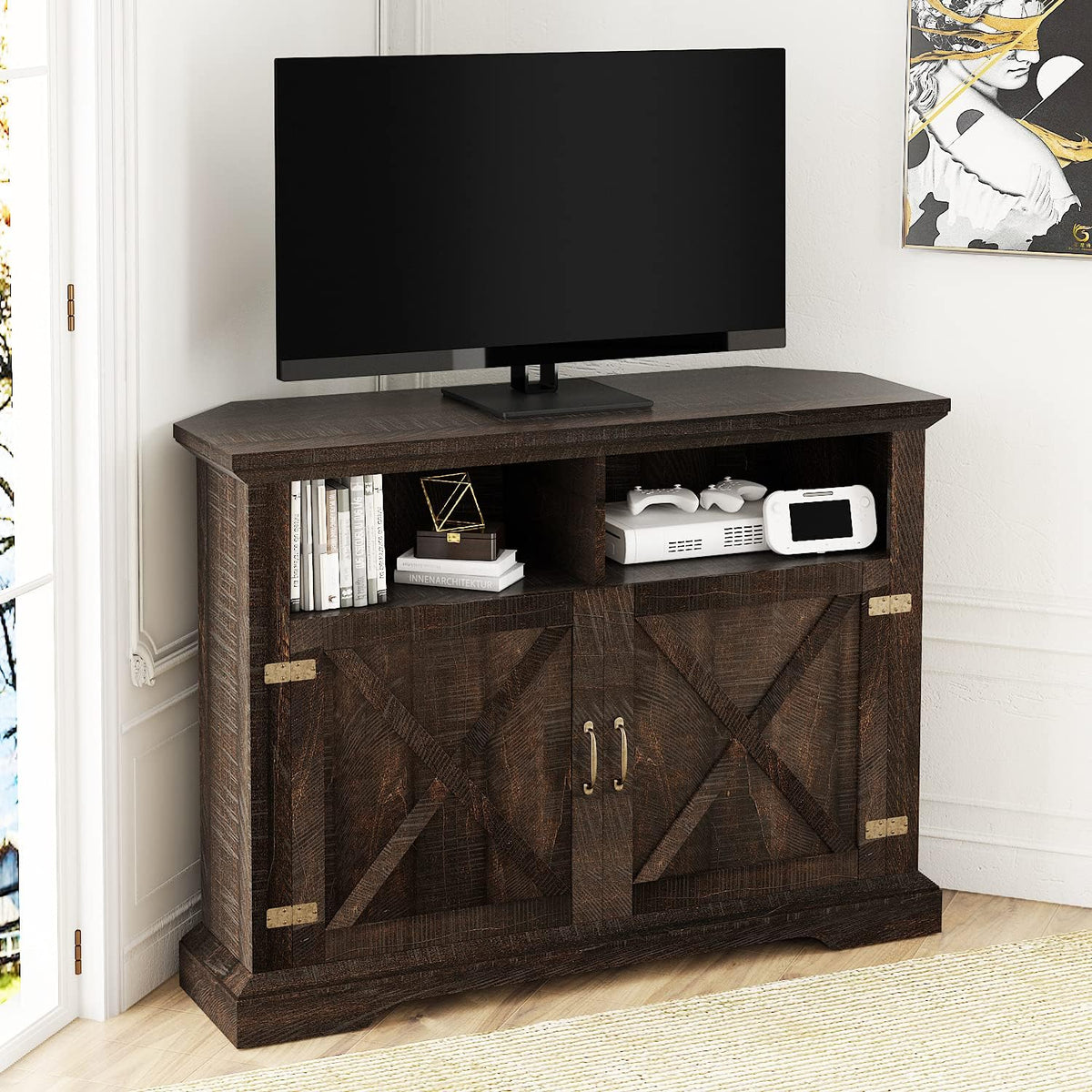 44'' Espresso Corner TV Stand with Double Doors T334711