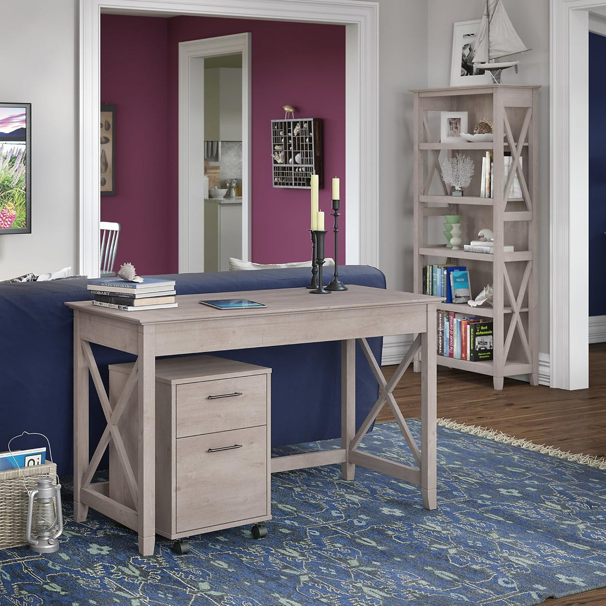 48W Writing Desk with 2 Drawer File Cabinet and 5 Shelf Bookcase N16205
