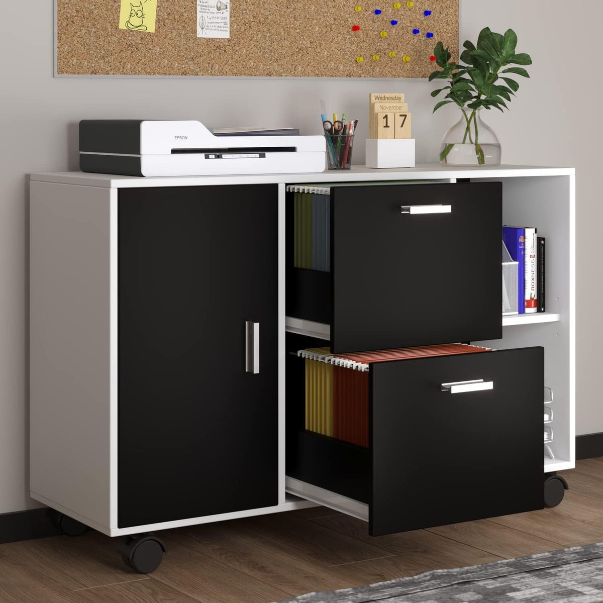 White Black 2 Drawer Mobile File Cabinet with Adjustable Shelf N7662