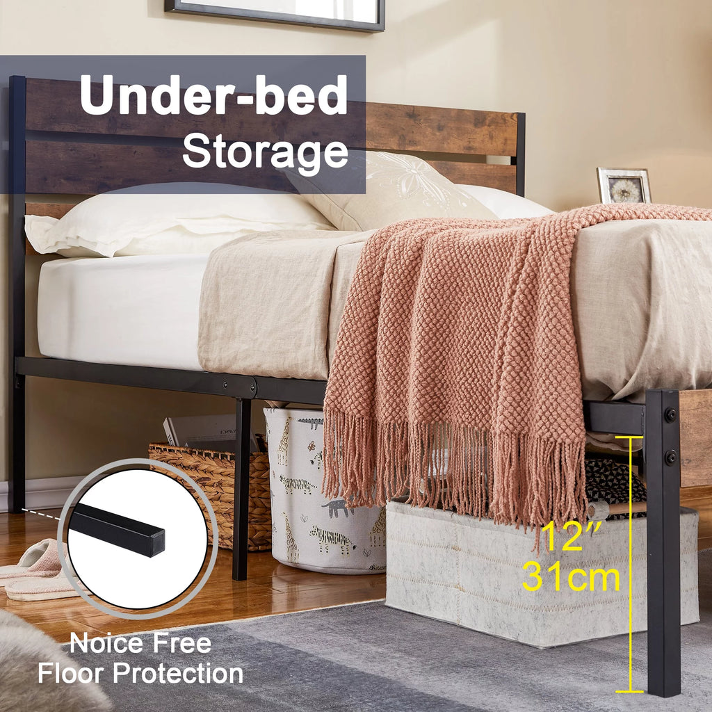 Queen Bed Frame with Wooden Headboard and Metal Slats M2300