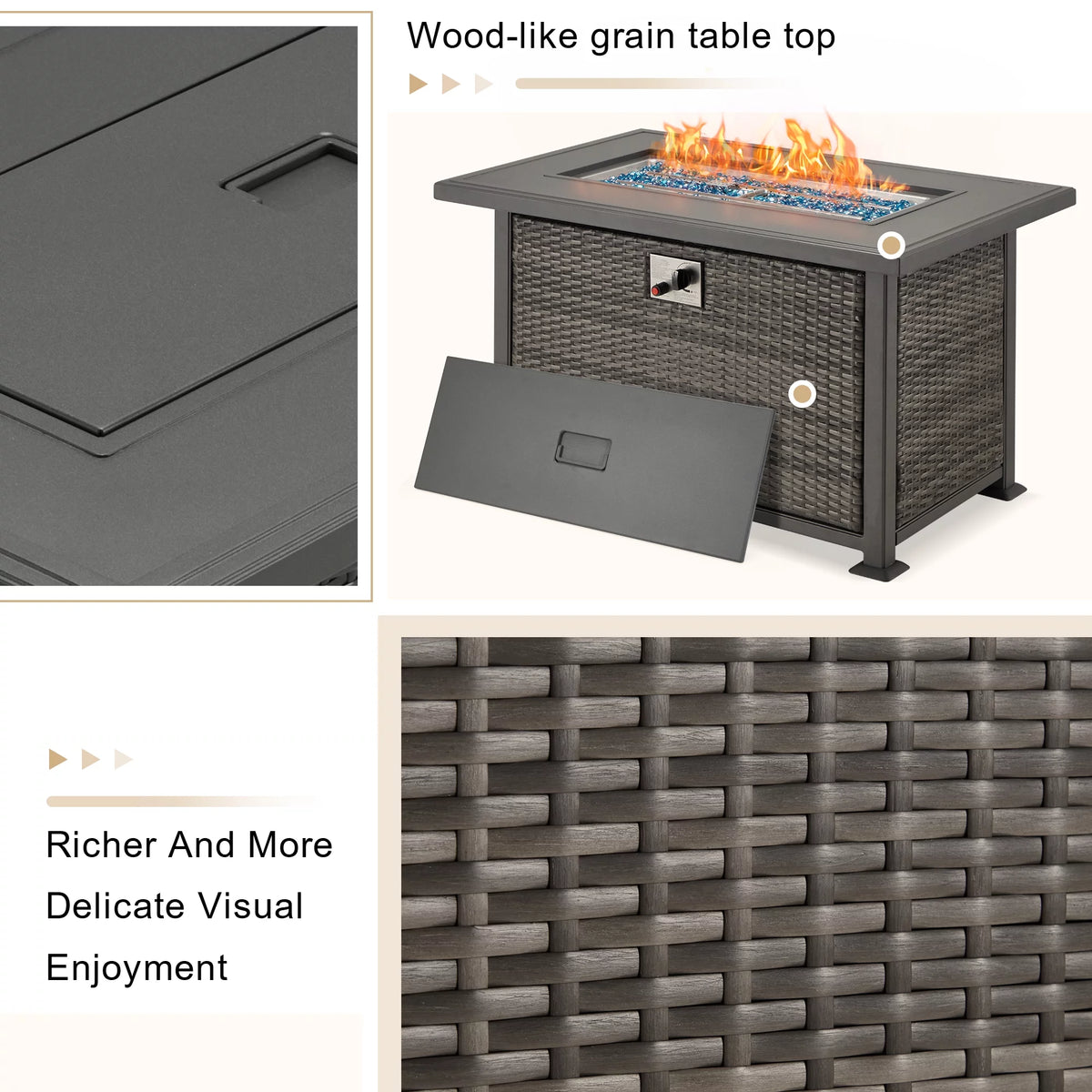 44" Propane Fire Pit Table with 2 Hidden Side Hooks, Dark Gray G1250