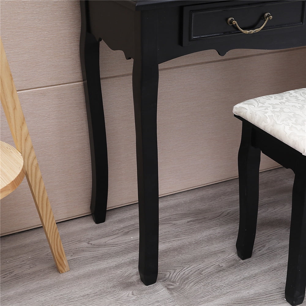 Black Trifold Mirror Vanity Table Set with Cushioned Stool 4 Drawer F359203