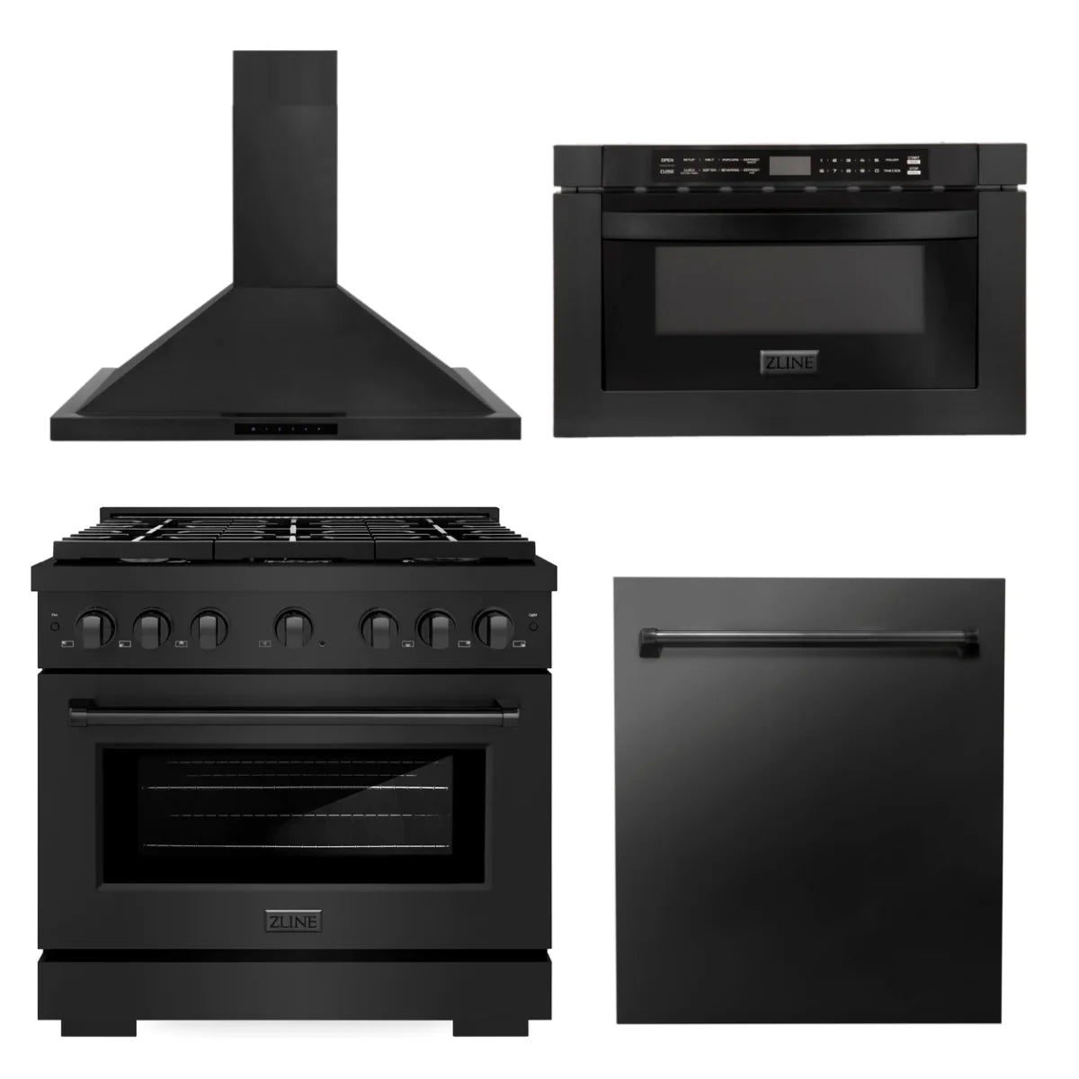 36 in. Gas Range, Range Hood, Microwave Drawer, Dishwasher Black Stainless Steel R542