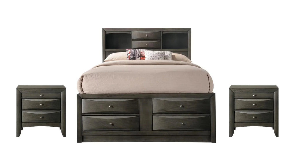 Gray 3pc Queen Size Captains Bed Set with Storage Drawers Solid Wood Z57941