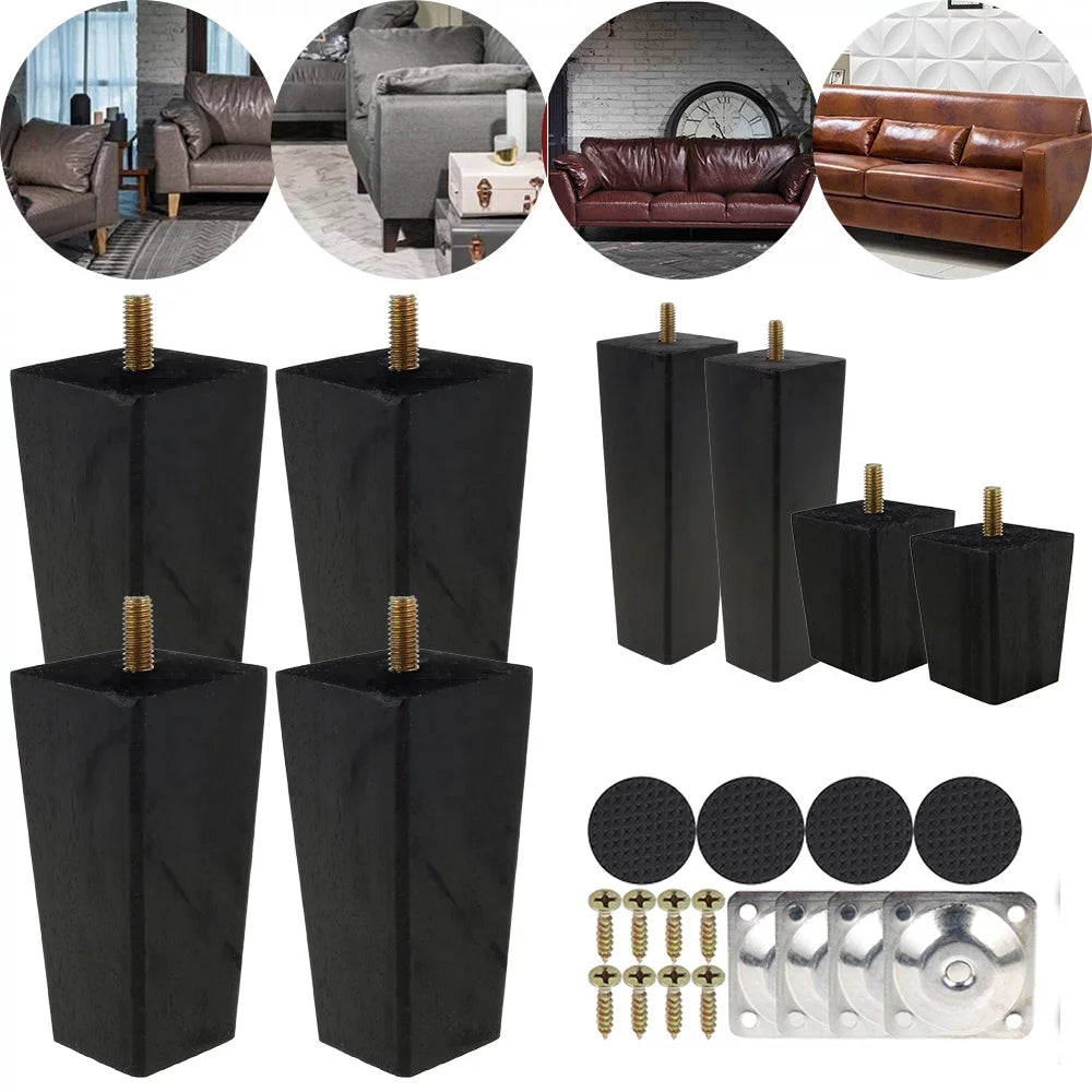 4X 2.4in Black Square Tapered Wooden Furniture Legs M731