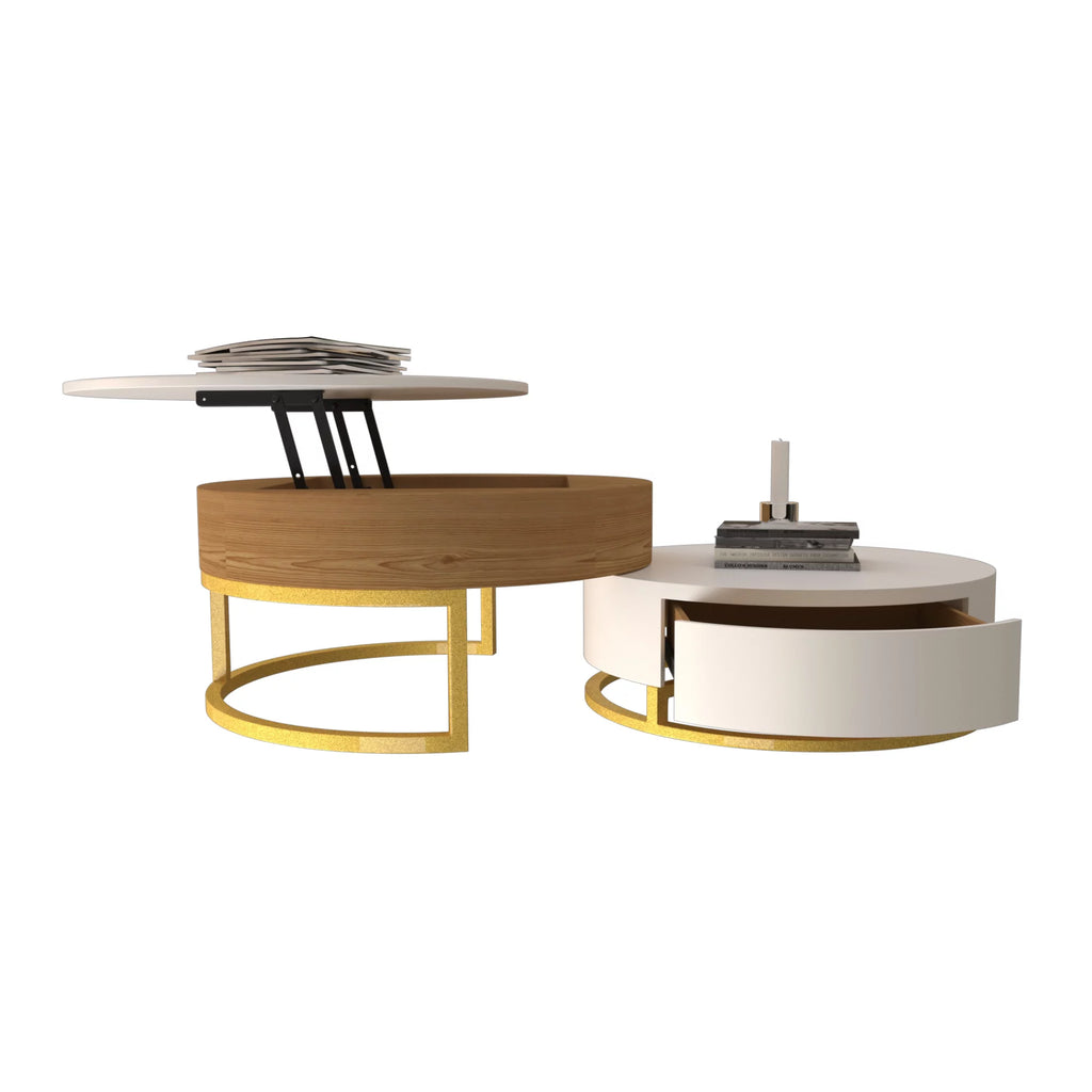 Round Lift-Top Coffee Table Set of 2 Brown White R6720
