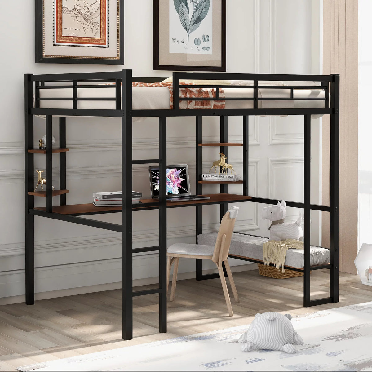 Black Full Metal Loft Bed with Desk and Storage Shelves K56481