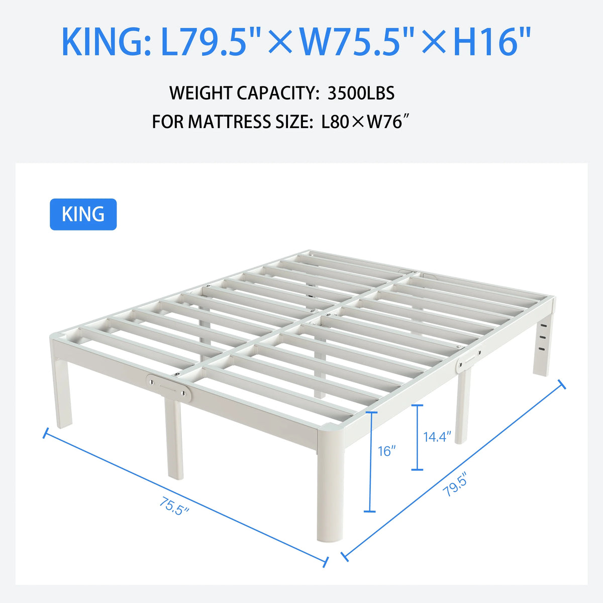 16 Inch King White Metal Platform Bed Frame K52168