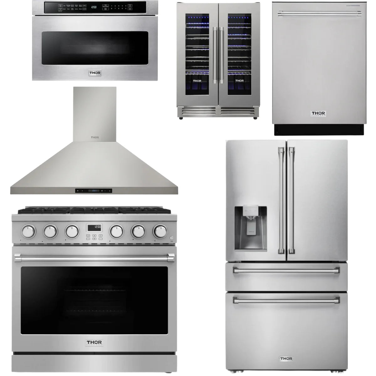 36 Gas Range, Range Hood, Refrigerator, Dishwasher, Microwave and Wine Cooler G97056