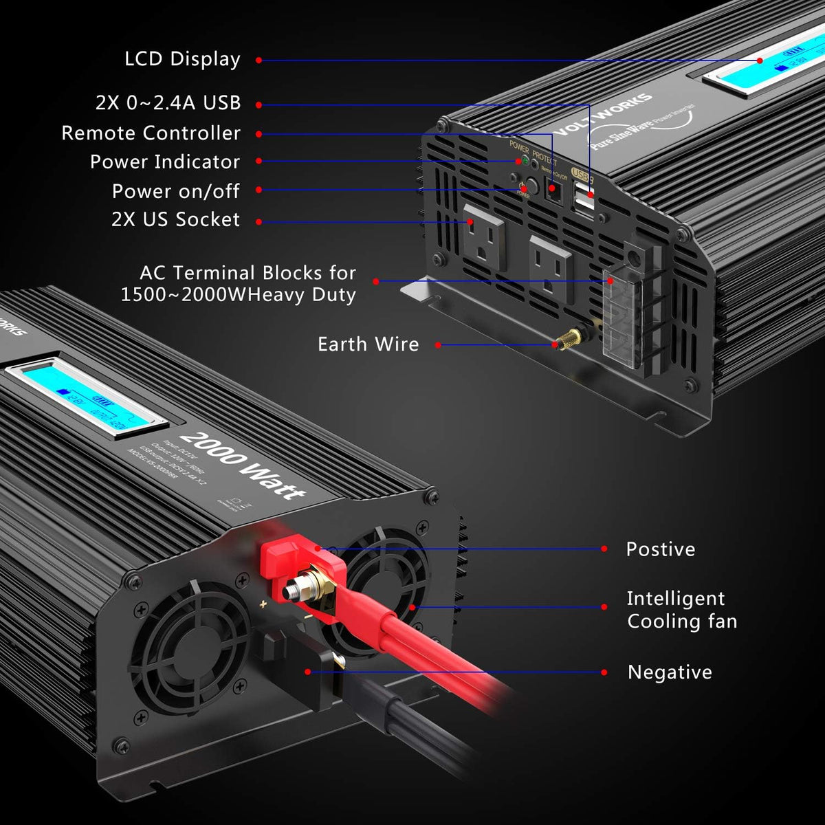 Pure Sine Wave 2000W Car Power Inverter 12V to 120V AC with 2 AC Outlets USB Ports Remote Control LCD Display J447289