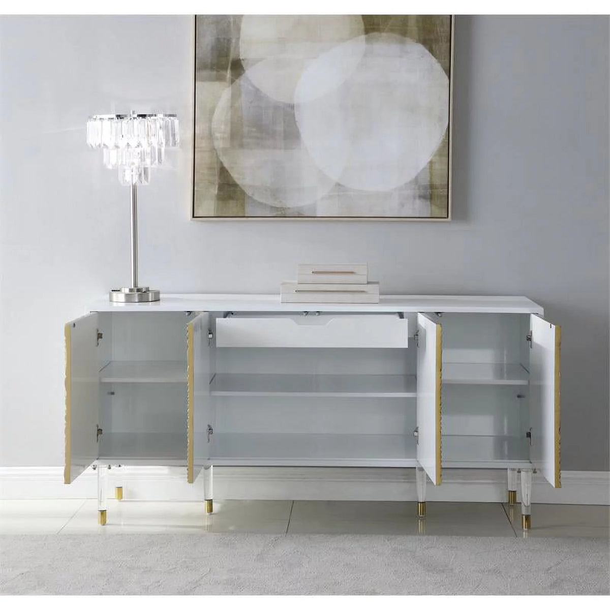 White Lacquer Gold Solid Wood Sideboard Buffet B423175