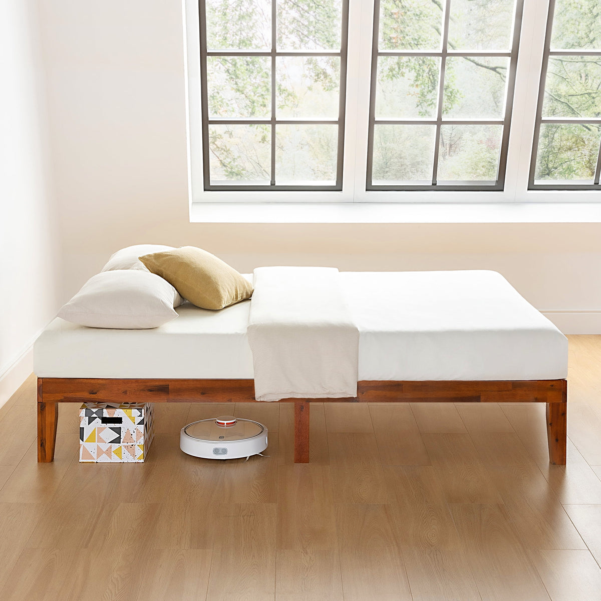 12" Solid Wood Platform Bed with Wooden Slats, Queen, Cherry J319