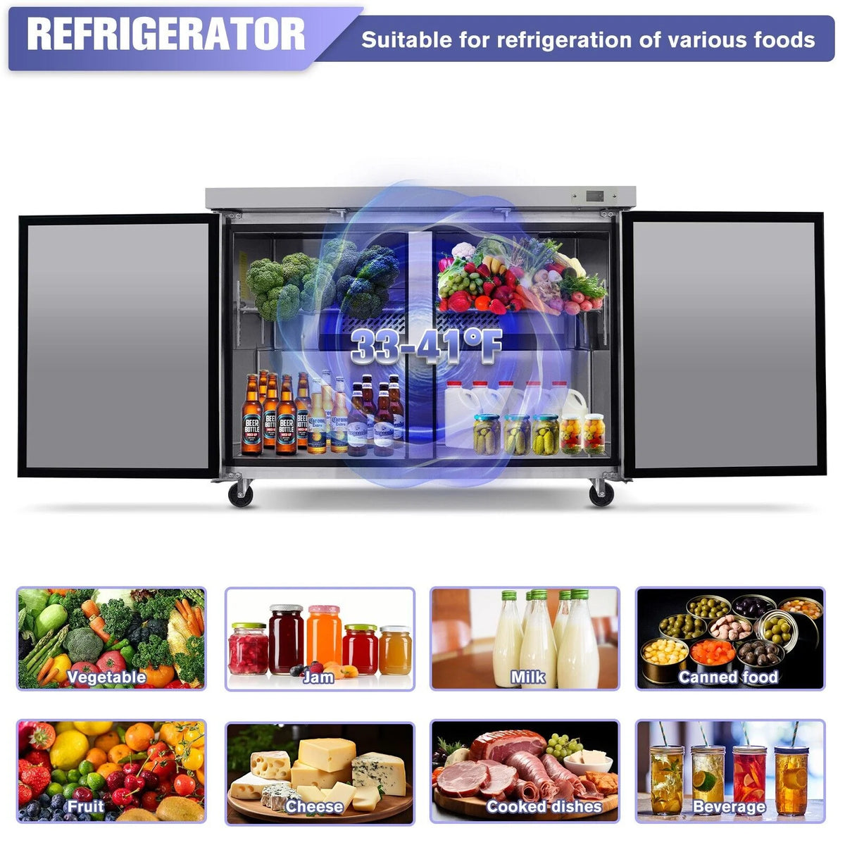 48" Undercounter Worktop Refrigerator Prep Table 14 Cu.Ft 2 Door E78996