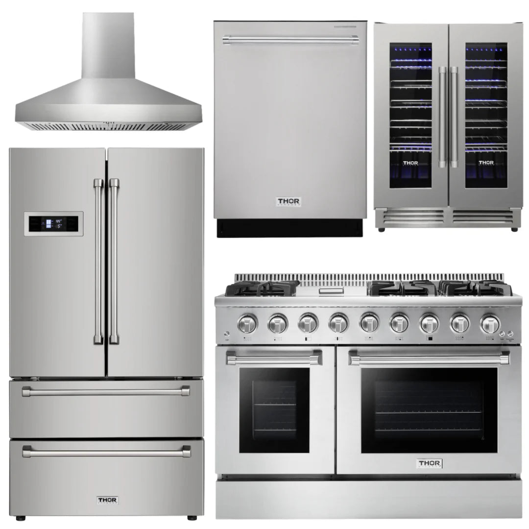 48 in. Propane Gas Range, Range Hood, Refrigerator, Dishwasher, Wine Cooler D7469