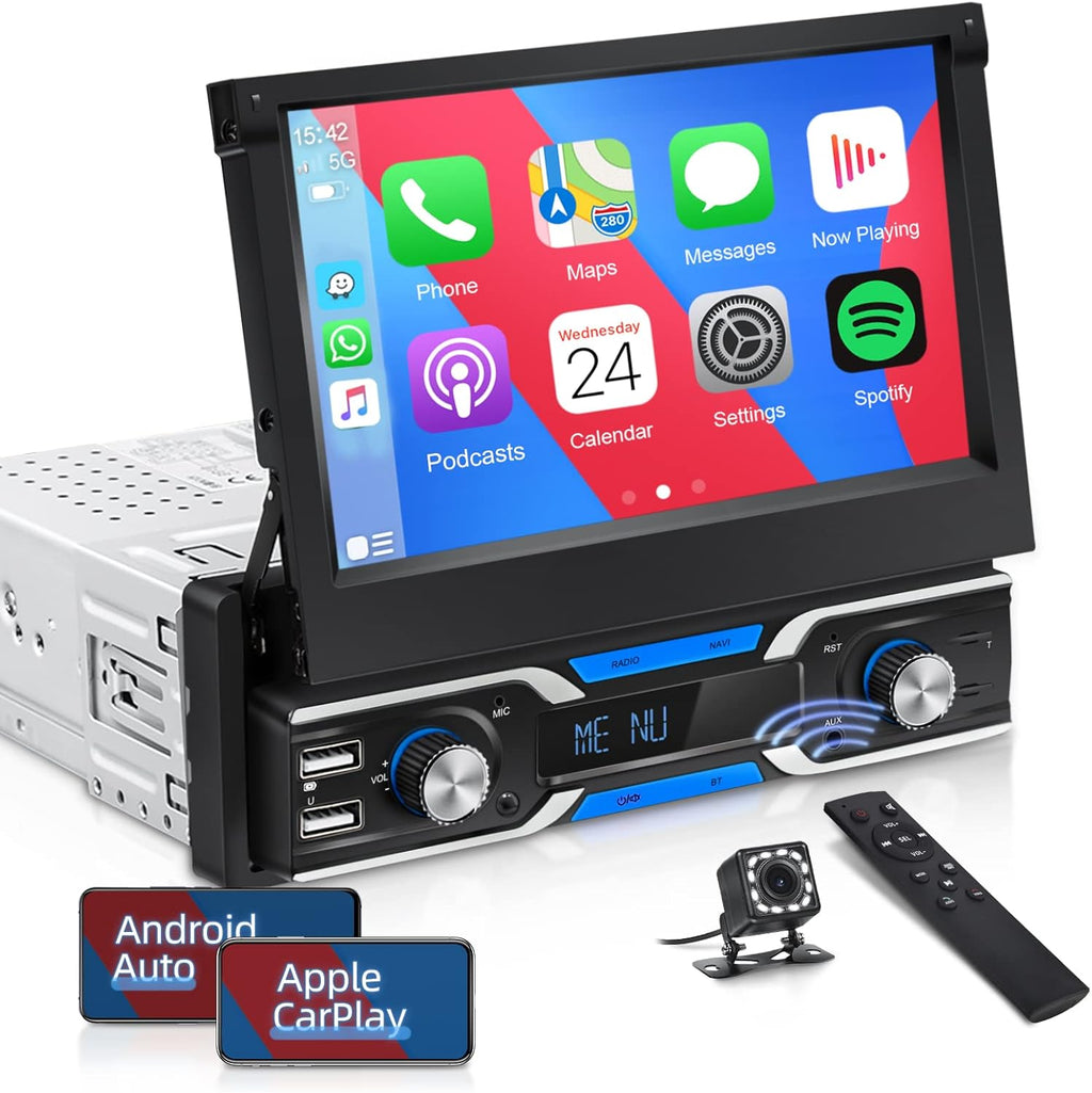 Single Din Car Stereo with CarPlay, 7 Inch Flip Out Touchscreen Car Radio, Bluetooth FM G850