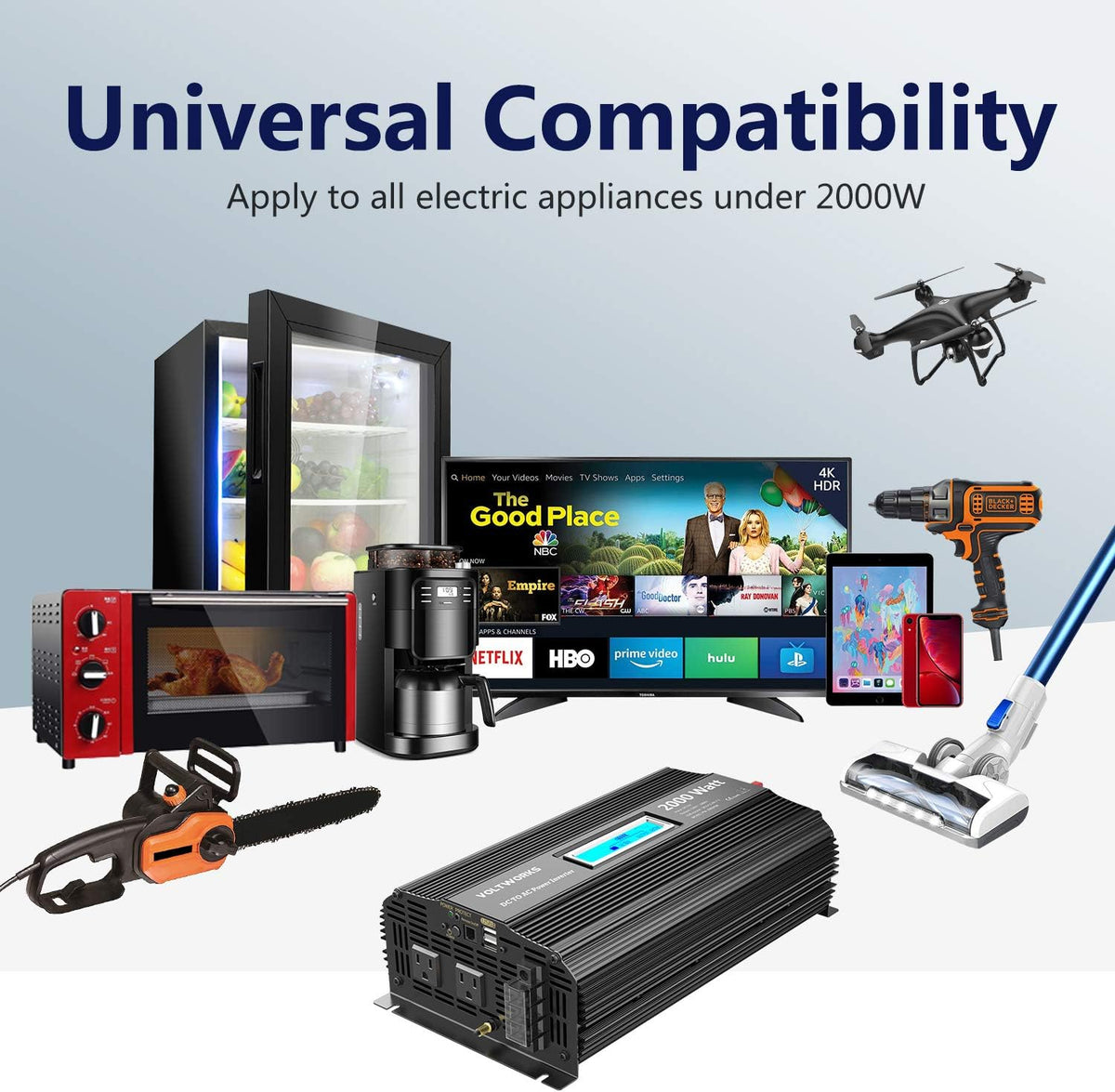 Pure Sine Wave 2000W Car Power Inverter 12V to 120V AC with 2 AC Outlets USB Ports Remote Control LCD Display J447289