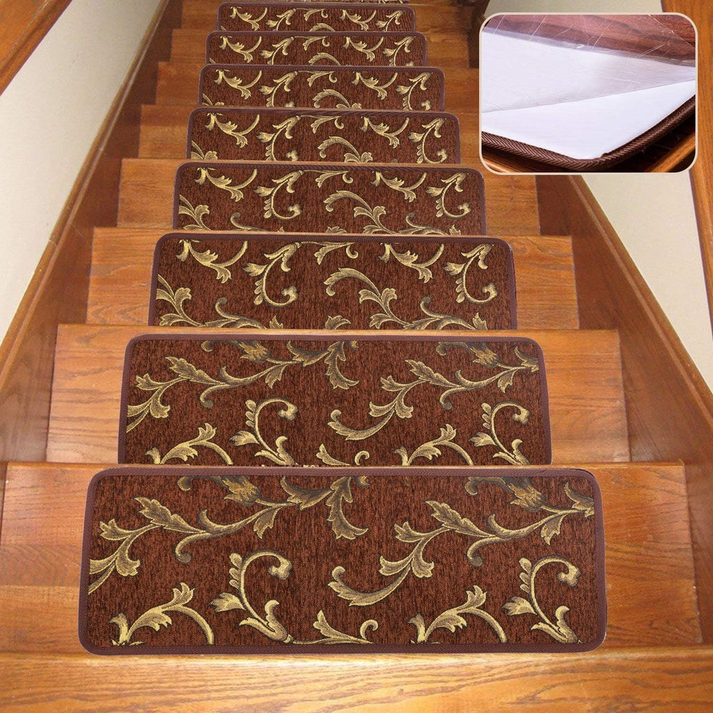 Washable Non-Slip Stair Treads Carpet with Rubber Backing 25.5x9.5 Inch 13 Piece Brown I8655