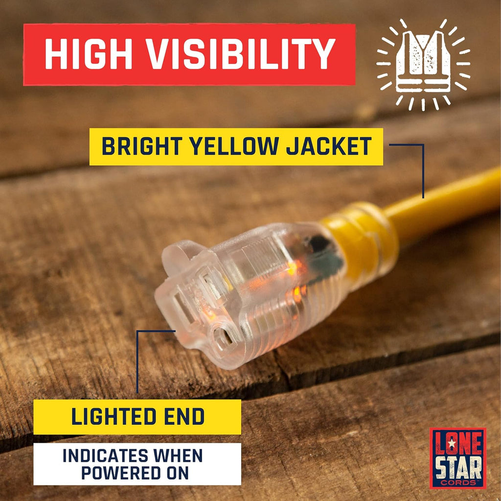 100 Foot 10/3 SJTW Lighted Extension Cord Yellow 3 Prong Grounded Plug 10 Gauge Pack of 2 H9379