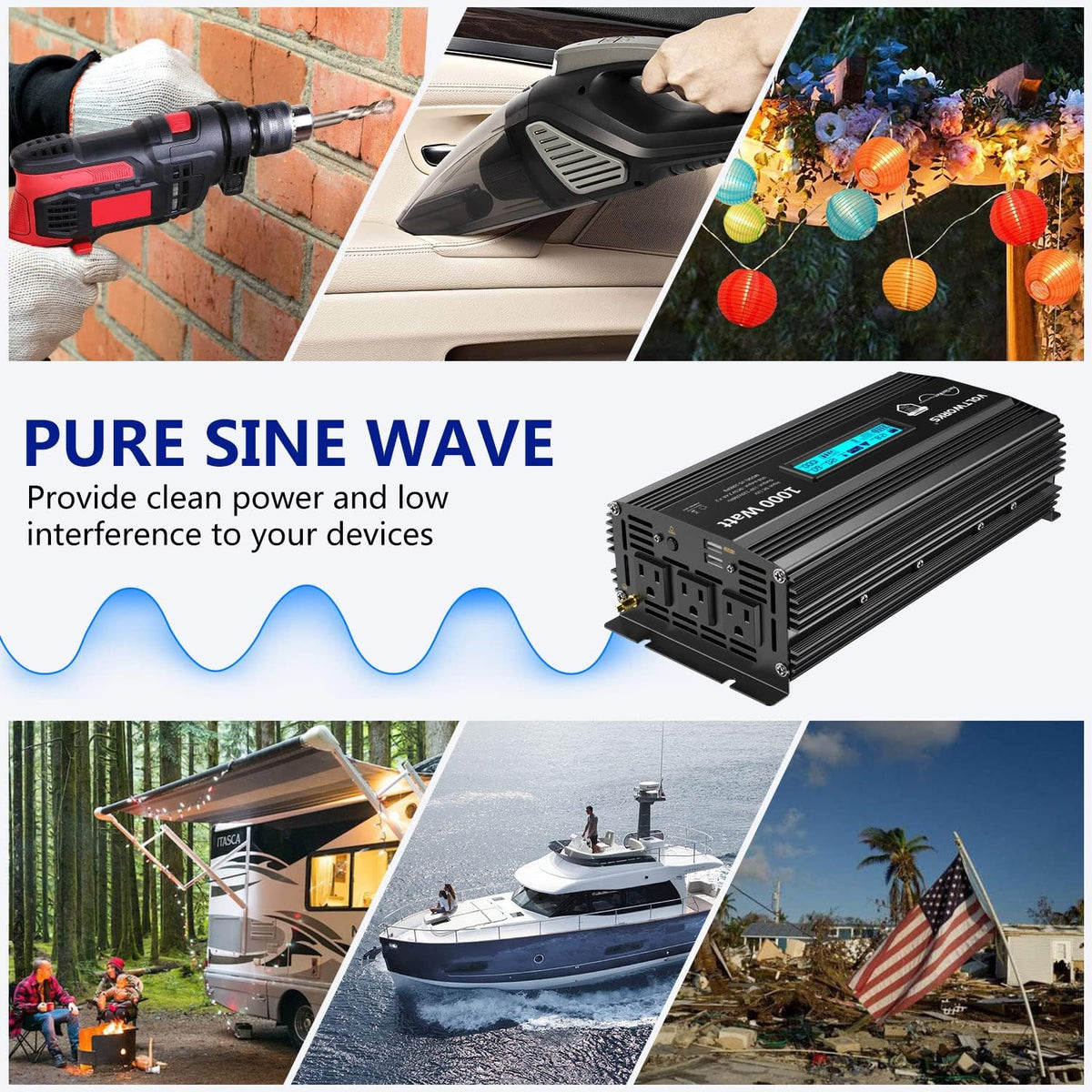 Pure Sine Wave 2000W Car Power Inverter 12V to 120V AC with 2 AC Outlets USB Ports Remote Control LCD Display J447289