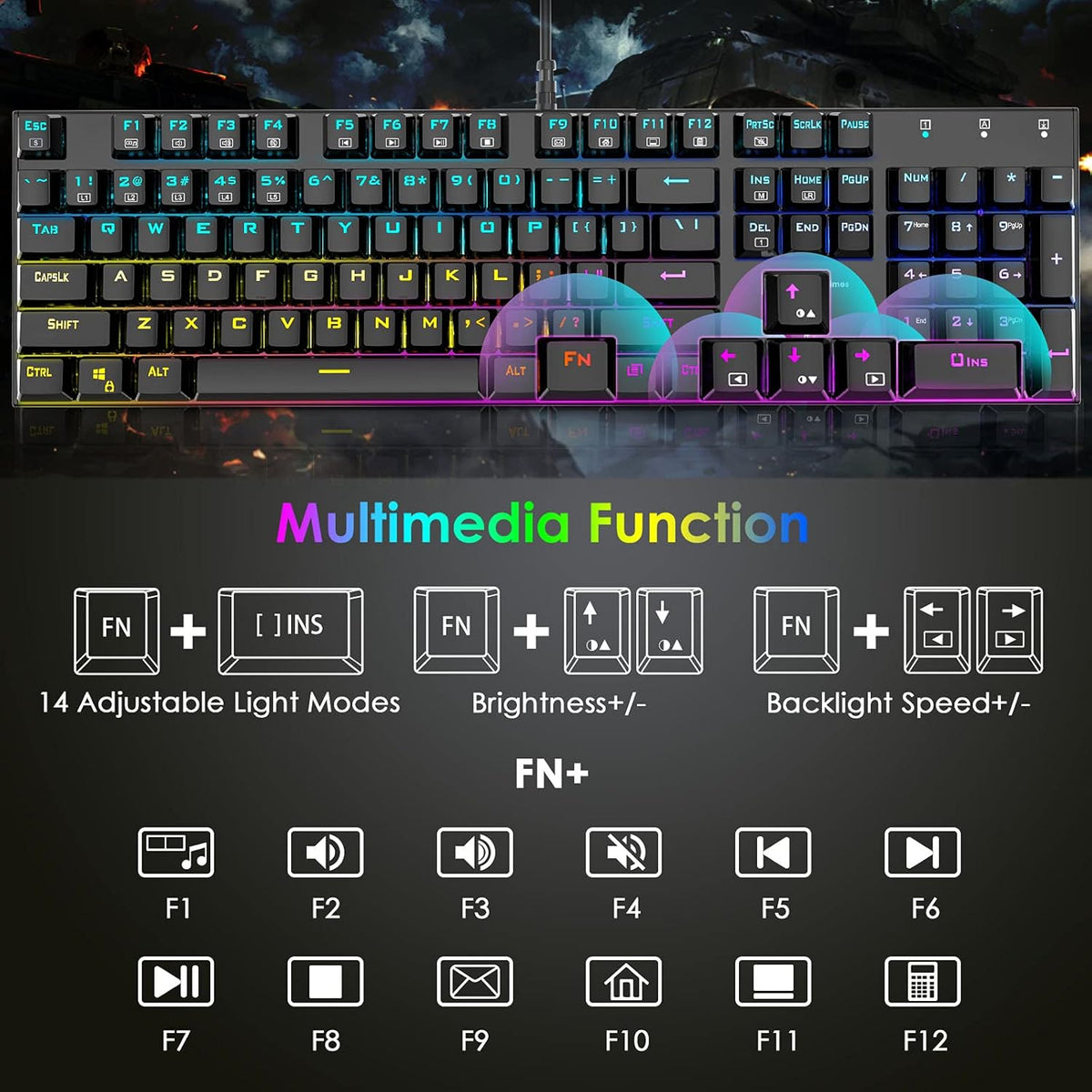 RGB Backlit 104 Keys Blue Switch Wired Mechanical Gaming Keyboard O250