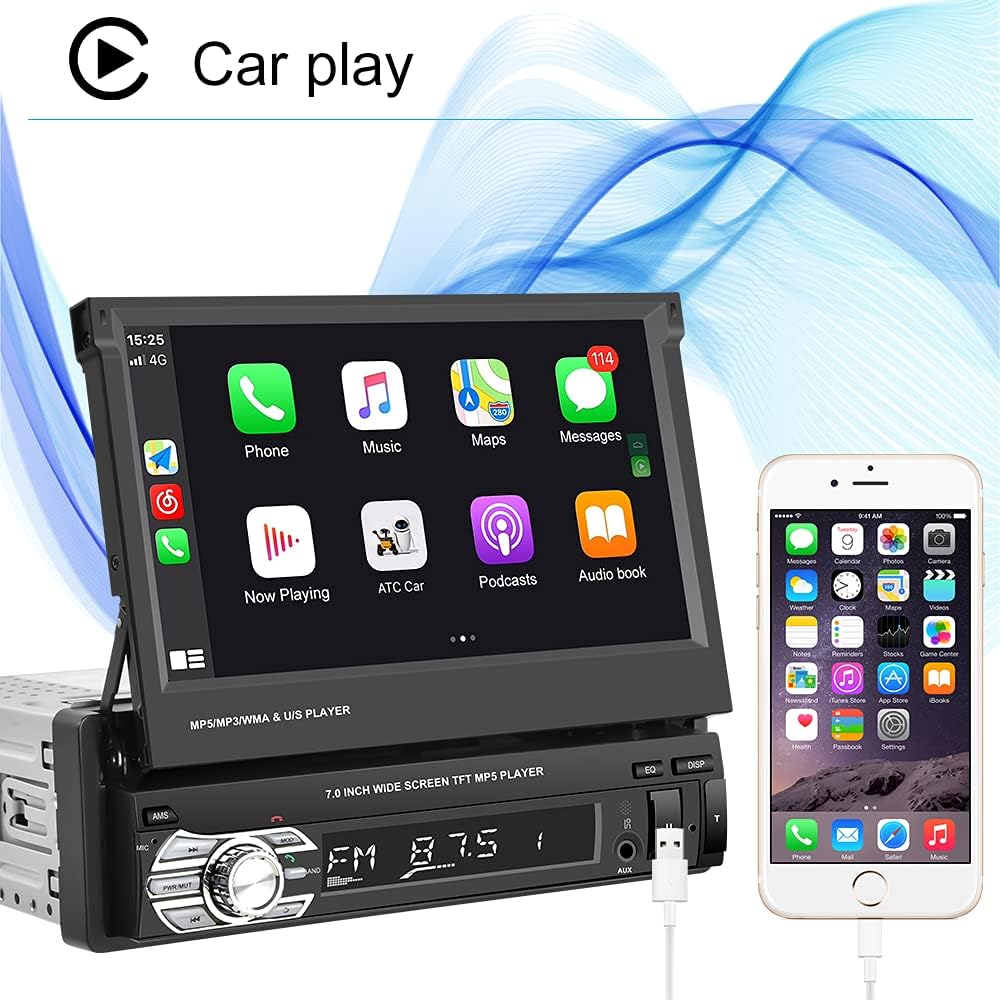 Single Din Car Stereo with CarPlay, 7 Inch Flip Out Touchscreen Car Radio, Bluetooth FM G850