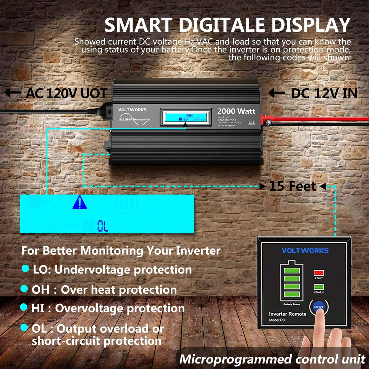 Pure Sine Wave 2000W Car Power Inverter 12V to 120V AC with 2 AC Outlets USB Ports Remote Control LCD Display J447289