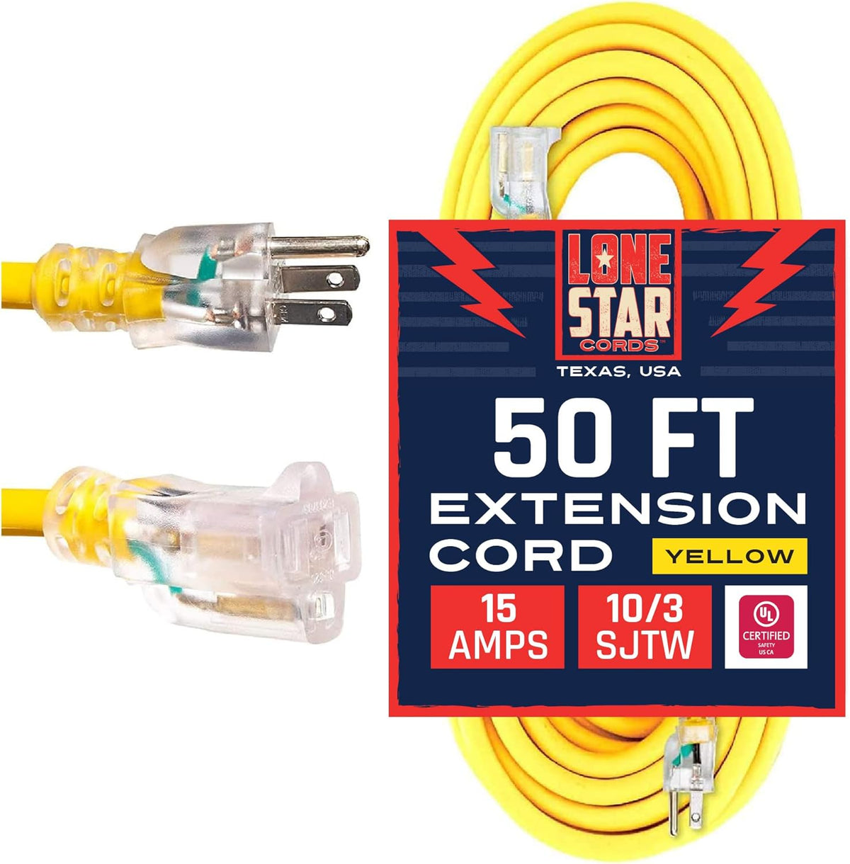 100 Foot 10/3 SJTW Lighted Extension Cord Yellow 3 Prong Grounded Plug 10 Gauge Pack of 2 H9379