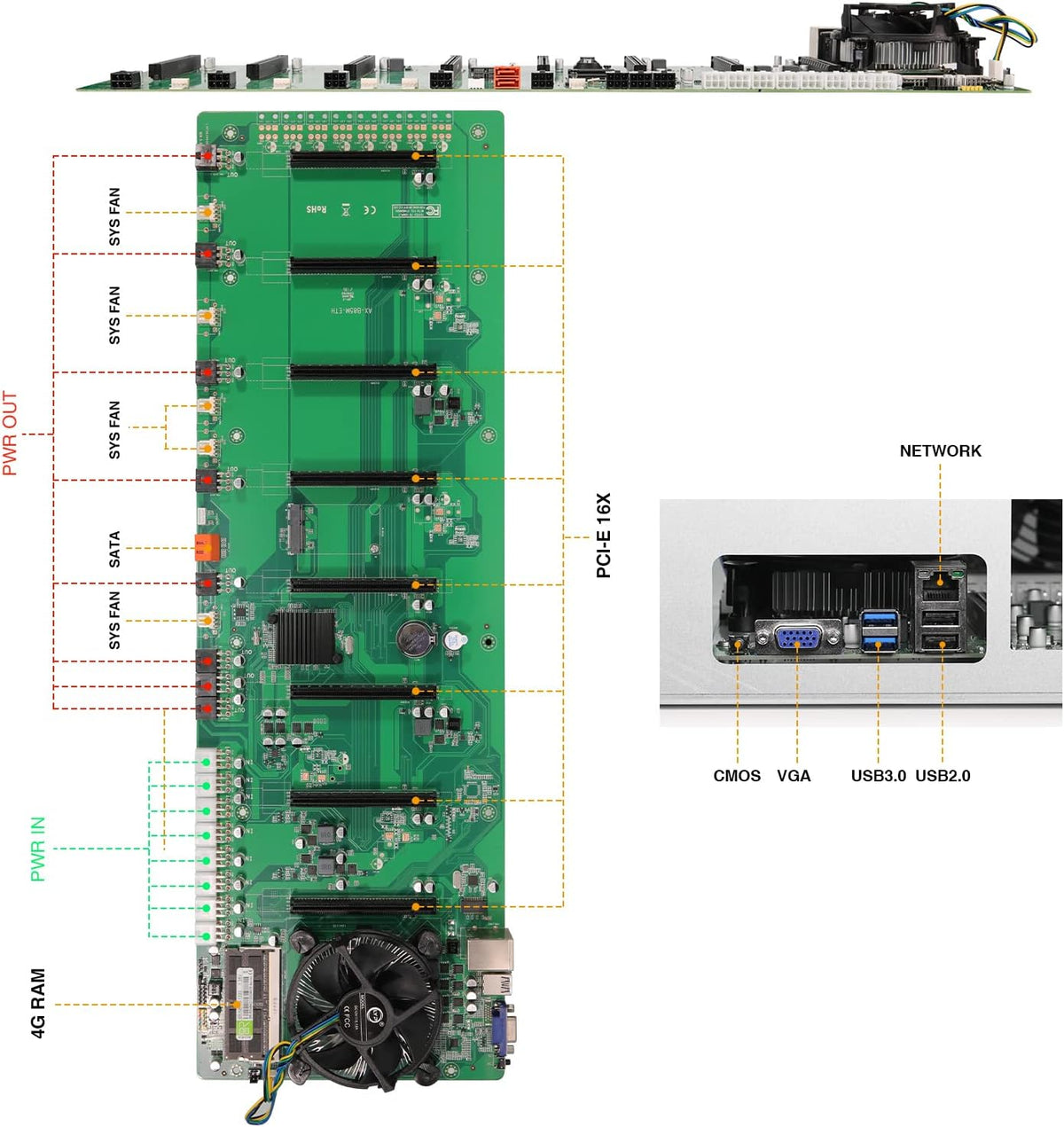 8 Ports GPU Mining Frame Case with 4 Cooling Fans Black U569003