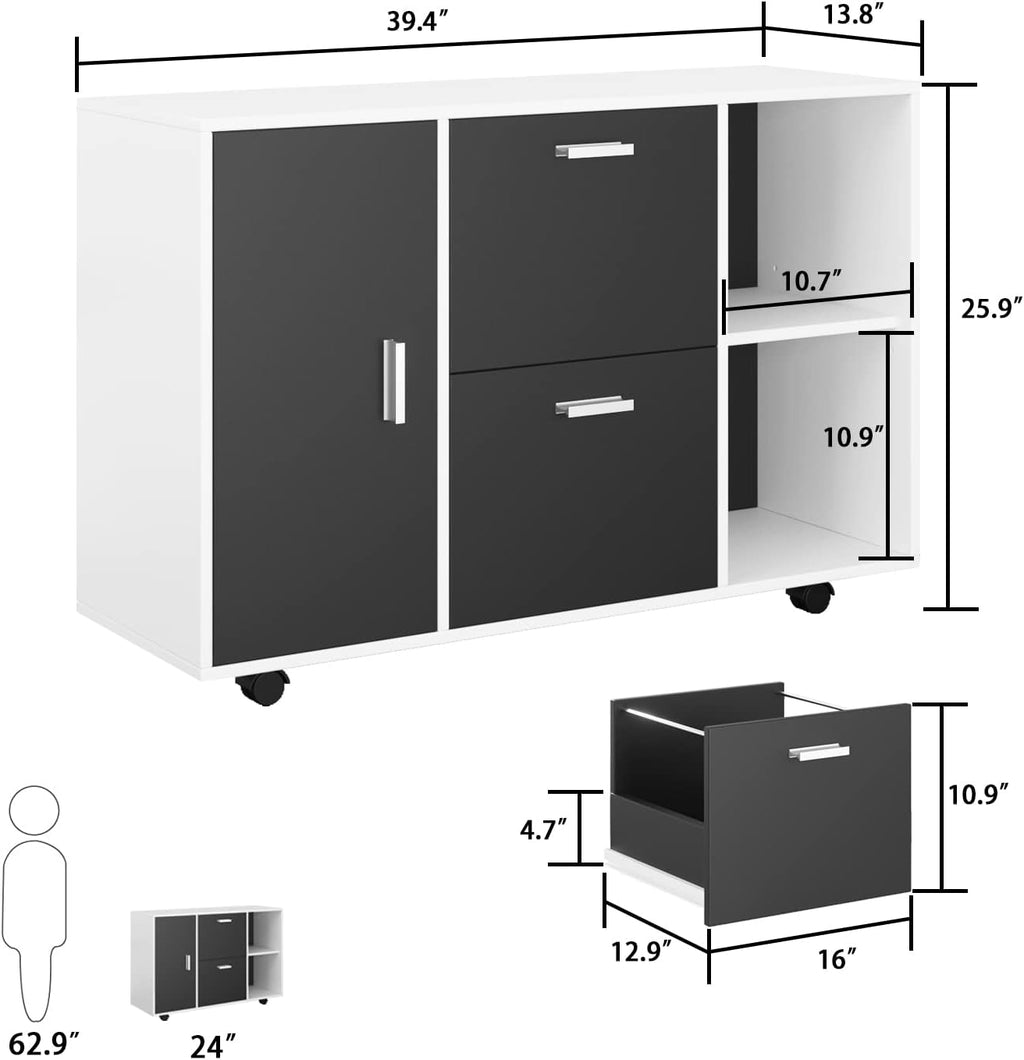 White Black 2 Drawer Mobile File Cabinet with Adjustable Shelf N7662