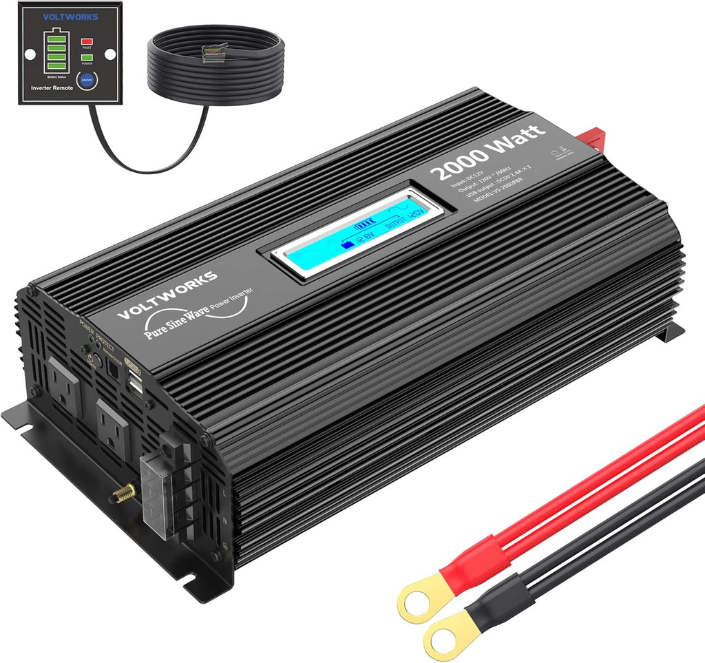 Pure Sine Wave 2000W Car Power Inverter 12V to 120V AC with 2 AC Outlets USB Ports Remote Control LCD Display J447289
