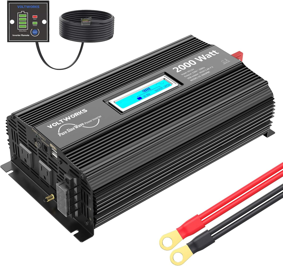 Pure Sine Wave 2000W Car Power Inverter 12V to 120V AC with 2 AC Outlets USB Ports Remote Control LCD Display J447289
