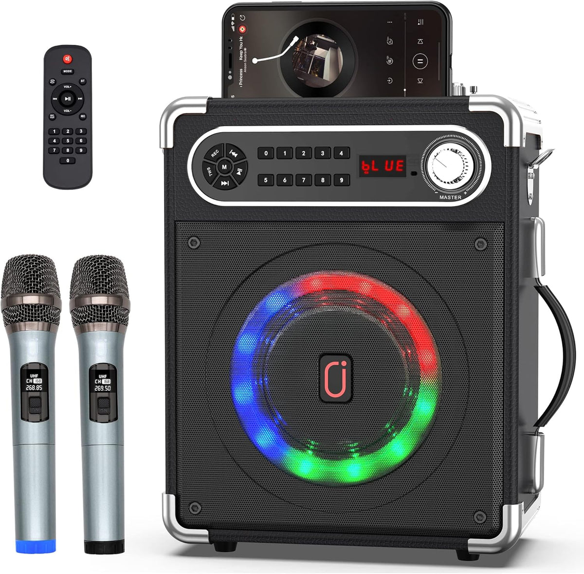 Portable Bluetooth Karaoke Machine with Two Wireless Microphones and LED Lights Q69238