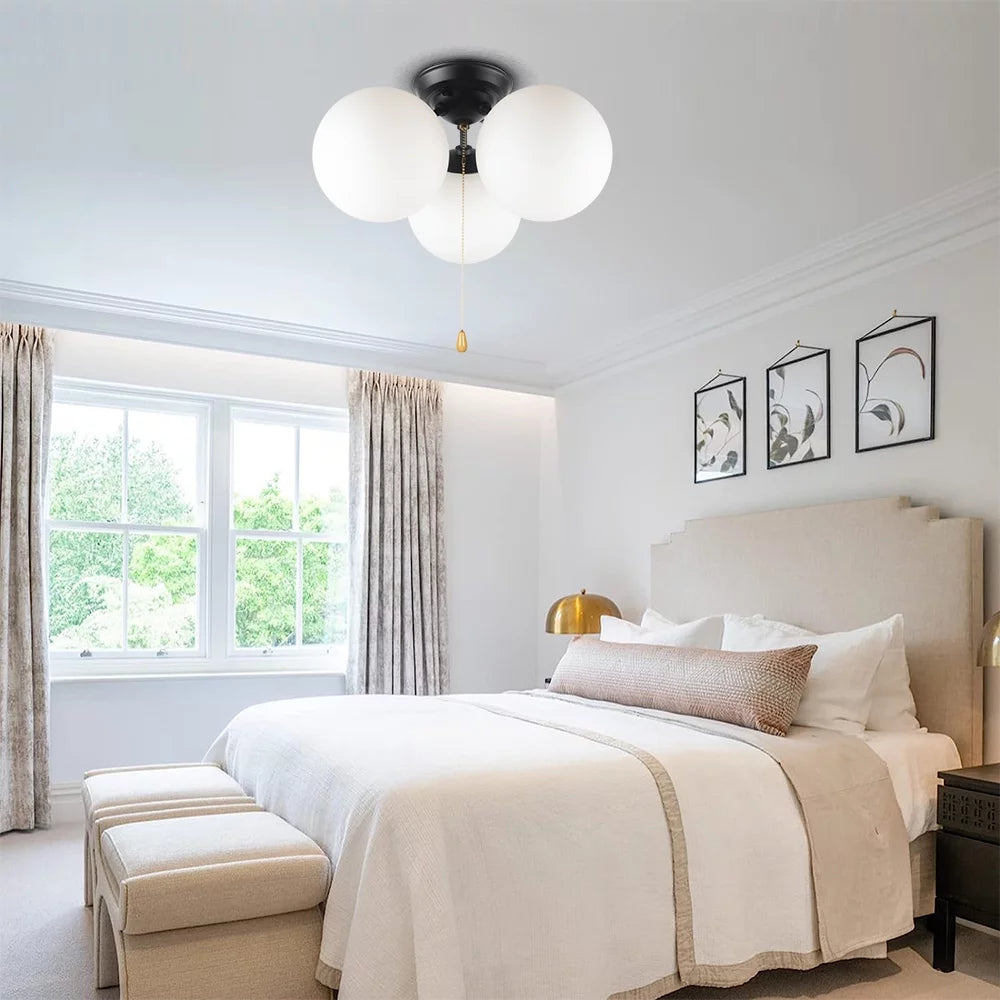 Modern Pull Chain Ceiling Light Fixture with White Glass Shades, Black Metal 3-Light B5294