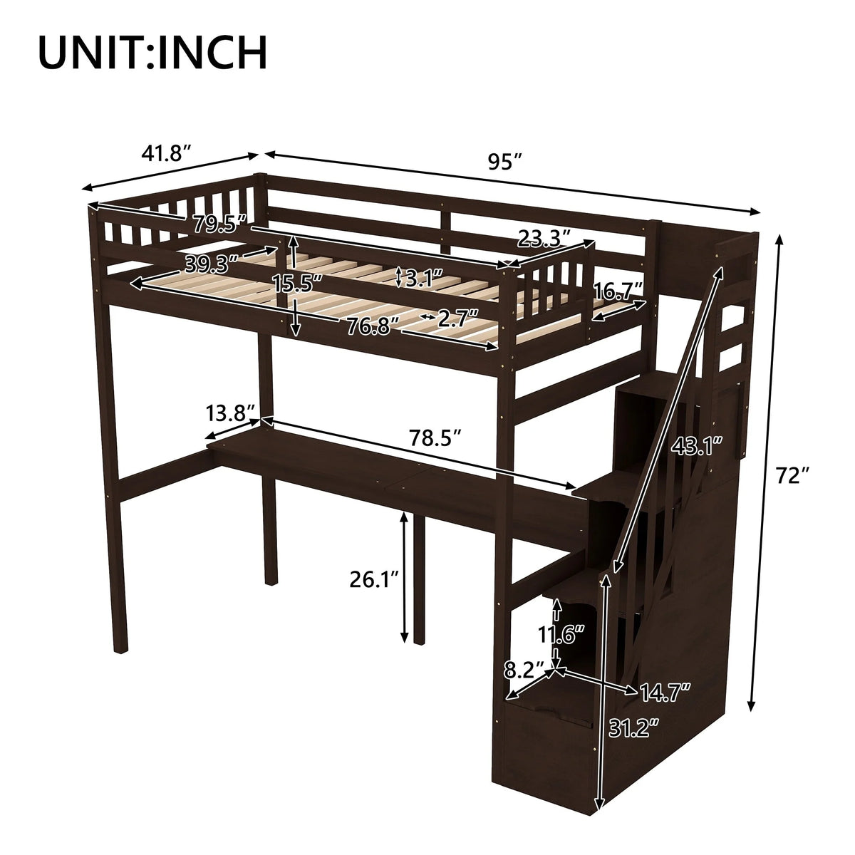Twin Size Loft Bed with Storage Staircase and Built-in Desk Z651059