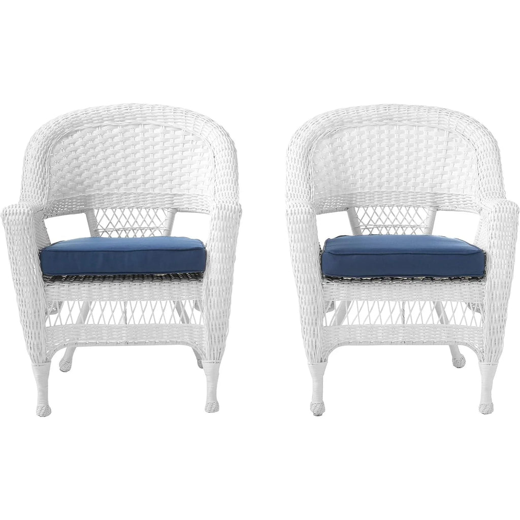 White Wicker Chair with Blue Cushion Set of 2 P713944