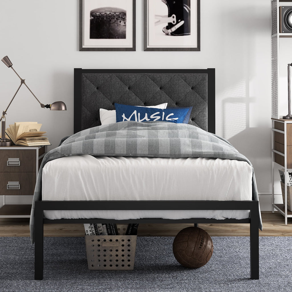 Twin Size Metal Bed Frame with Upholstered Headboard Q934157