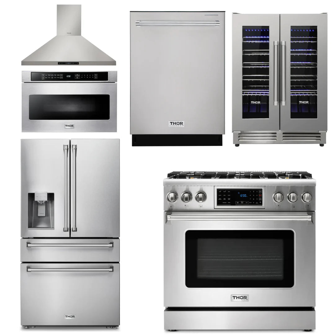 36 Gas Range, Range Hood, Microwave, Refrigerator, Dishwasher, Wine Cooler D4016