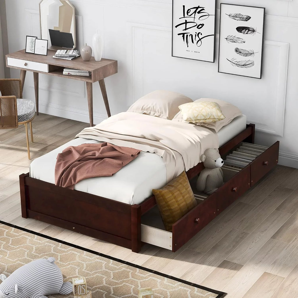 Platform Storage Bed with 3 Drawers Solid Wood Cherry R411646